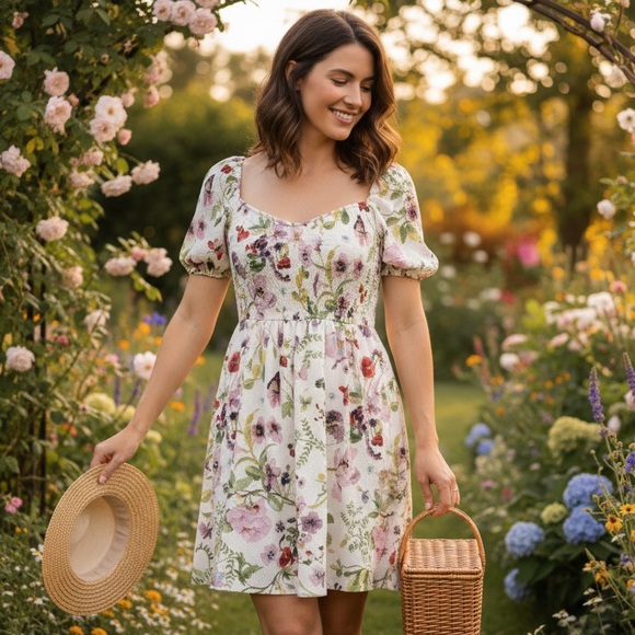 H&M Dresses & Skirts - Floral Smocked‎ Waist Puff Sleeve Mini Dress Cottagecore Garden Party NWT